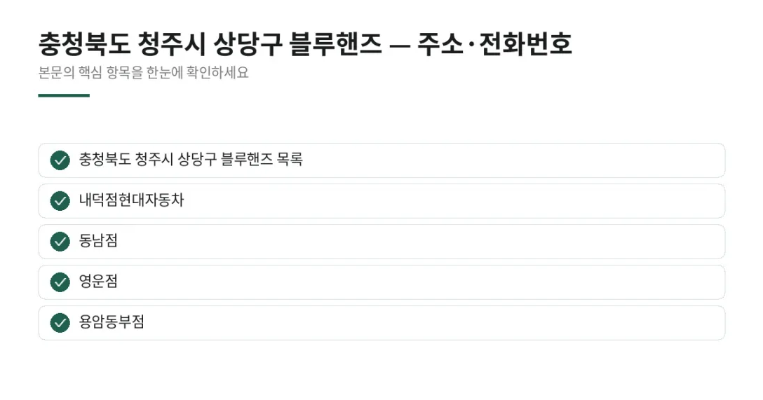 이 글에서 확인할 내용: 충청북도 청주시 상당구 블루핸즈 목록, 내덕점현대자동차, 동남점, 영운점, 용암동부점