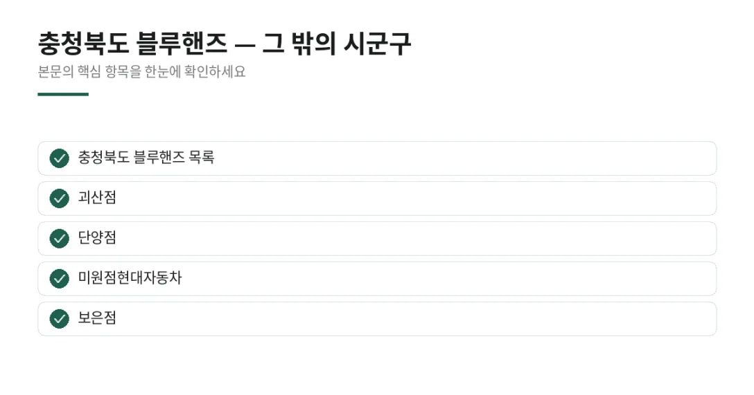 이 글에서 확인할 내용: 충청북도 블루핸즈 목록, 괴산점, 단양점, 미원점현대자동차, 보은점