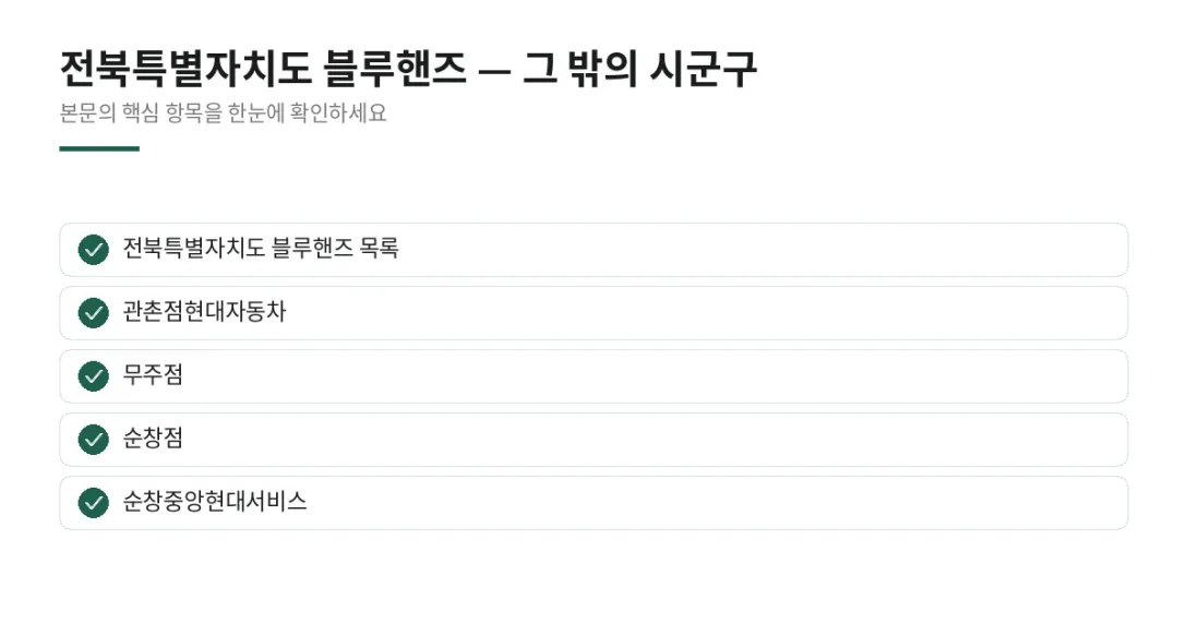 이 글에서 확인할 내용: 전북특별자치도 블루핸즈 목록, 관촌점현대자동차, 무주점, 순창점, 순창중앙현대서비스