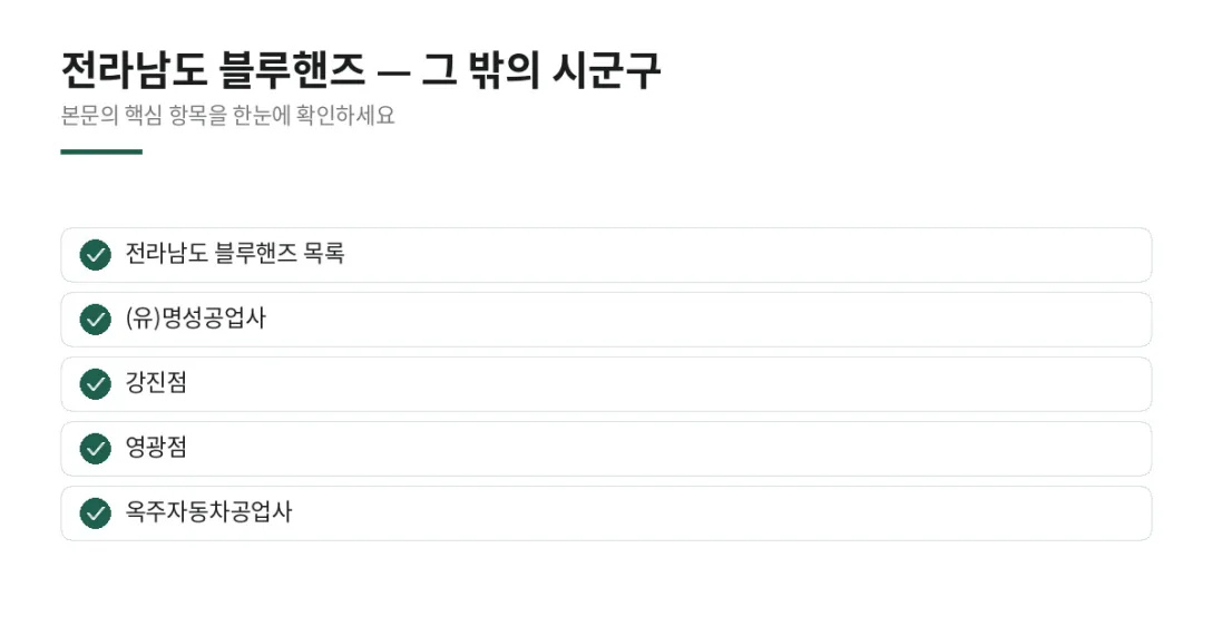 이 글에서 확인할 내용: 전라남도 블루핸즈 목록, (유)명성공업사, 강진점, 영광점, 옥주자동차공업사